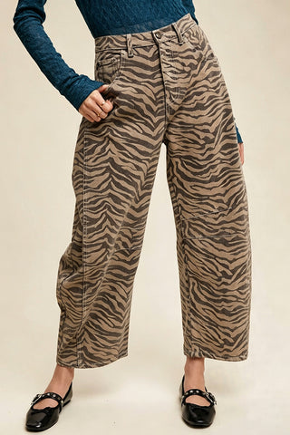 Zebra Print High-Waist Barrel Jeans