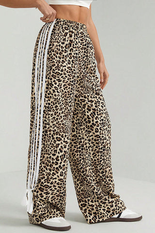 Leopard Print Side Stripe Wide Leg Pants