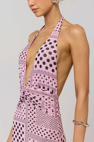 Polka Dot Halter V-Neck Maxi Dress