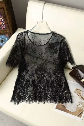 Sheer Floral Lace Crew Neck Top