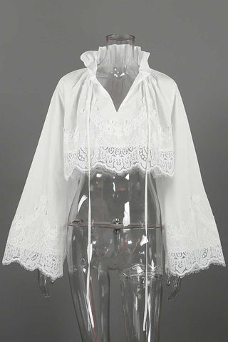 Lace Bell Sleeve Ruffle Collar Crop Blouse