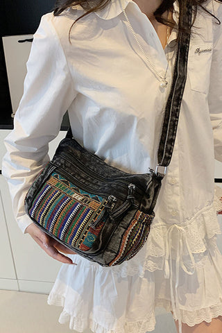 Tasselled Patchwork Drawstring Hobo Bag