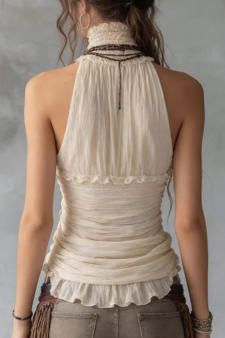 High Neck Ruffle Pleated Halter Top
