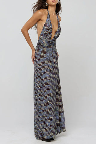 Polka Dot Halter V-Neck Maxi Dress