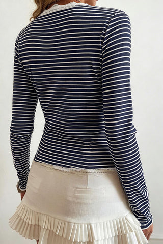 Striped Lace Trim V-Neck Blouse