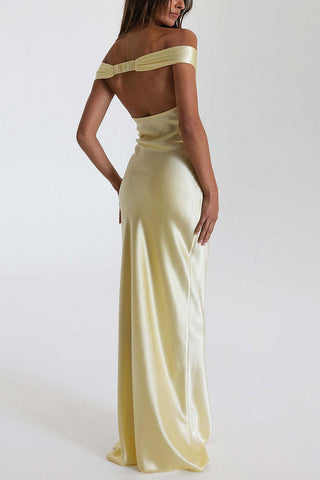 Ruched Off-Shoulder Satin Maxi Evening Dress