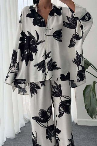 Buttoned Floral Print Pants Set