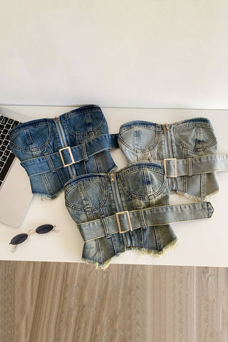 Belted Zip-Front Denim Bustier