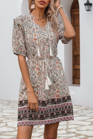 Floral Print Casual Dress with Tassels