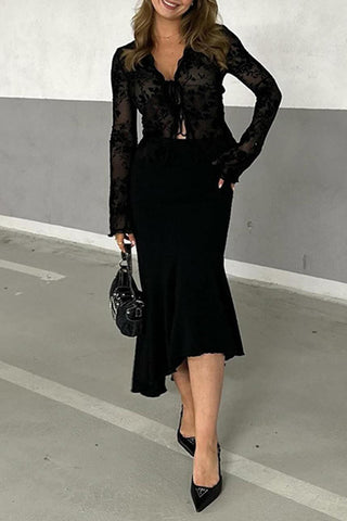 Sheer Floral Tie-Front Blouse