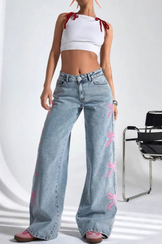 Bow-Detail Wide Leg Jeans