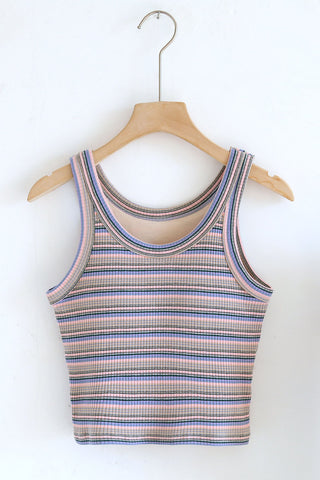 Striped Ribbed Crew Neck Crop Tank