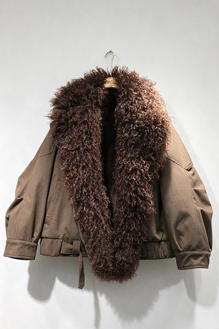 Curly Faux Fur Collar Zip-Up Coat