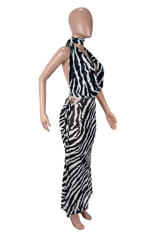 Zebra Halter Cutout Maxi Skirt Set