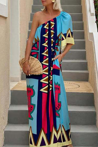 One-Shoulder Geometric Vacation Dress