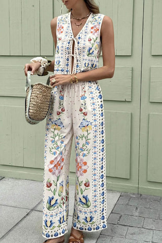 Floral Pattern Tie-Front Pants Set