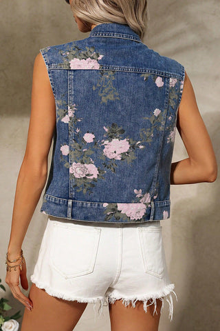 Floral Button-Front Denim Vest