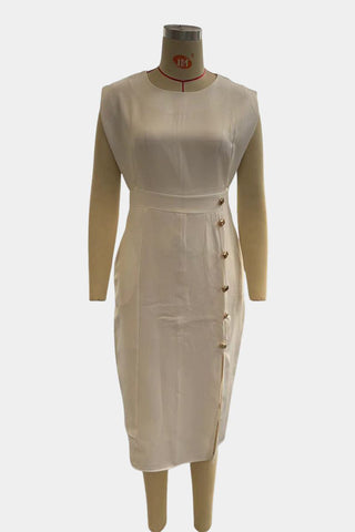 Button-Detail Slit Midi Dress