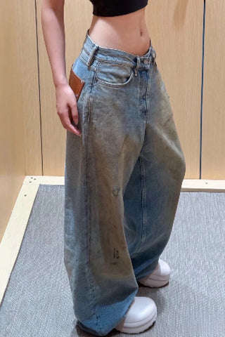High-Waist Straight Jeans with Patch Detail