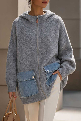Hooded Zip-Front Denim Pocket Cardigan