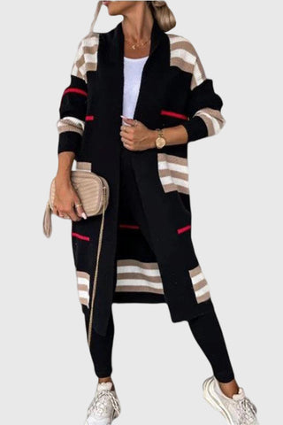 Striped Patchwork Open Front Long Cardigan