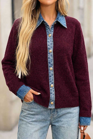 Denim Trim Button-Front Knit Cardigan