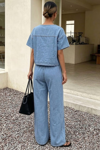 Tie-Front Denim Wide-Leg Pants Set