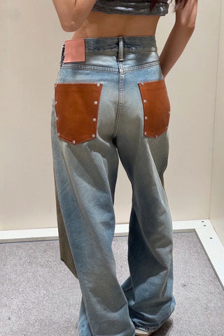 High-Waist Straight Jeans with Patch Detail