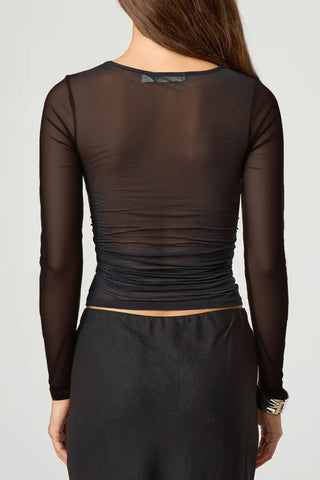 Sheer Long-Sleeve Blouse with Draped Front