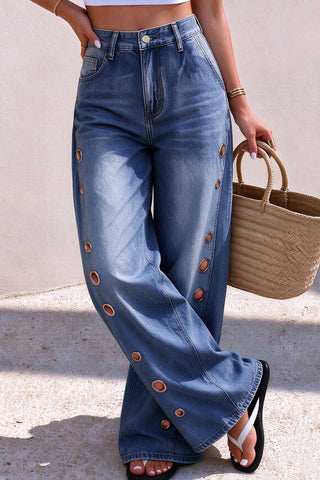 Metal Eyelet High-Waist Wide-Leg Baggy Jeans