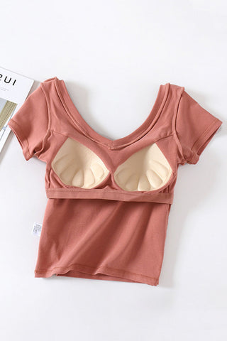 Built-In Bra V-Neck Short Sleeve T-Shirt