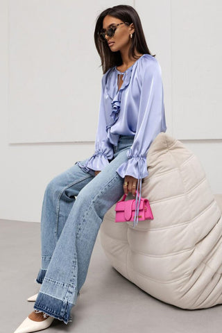 Ruffle V-Neck Tie Sleeve Satin Blouse