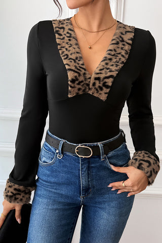 Leopard Trim V-Neck Bodysuit