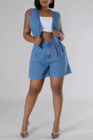 Button-Front Short Denim Set