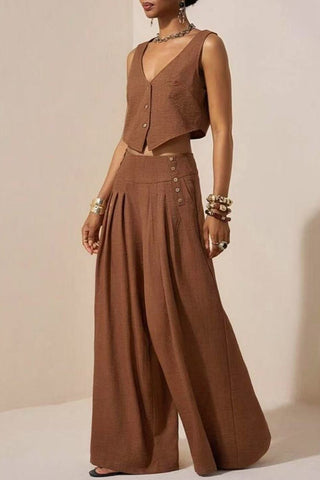 Button-Front Vest Wide-Leg Set