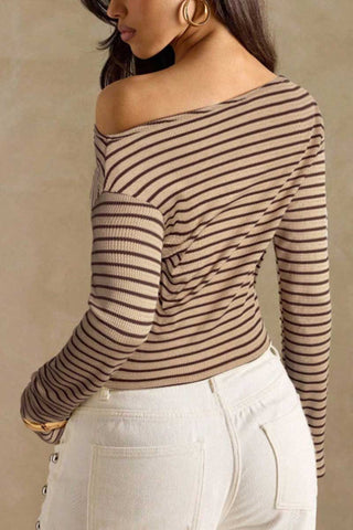 Striped One-Shoulder Ribbed Long Sleeve Top