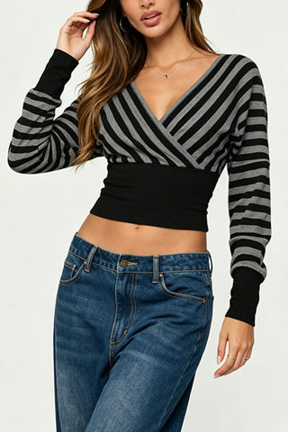 Striped Wrap V-Neck Long Sleeve Crop Blouse
