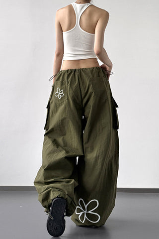 Wide-Leg Cargo Pants with Floral Detail