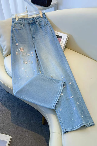Floral Straight-Leg Denim Jeans