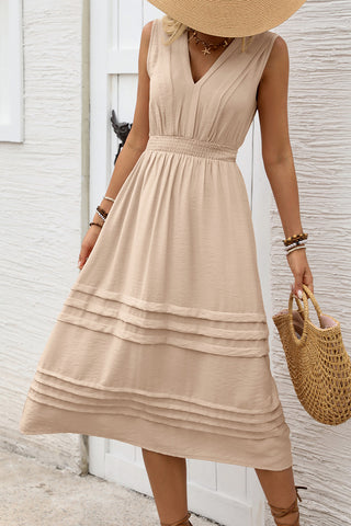Pleated V-Neck Casual Dress