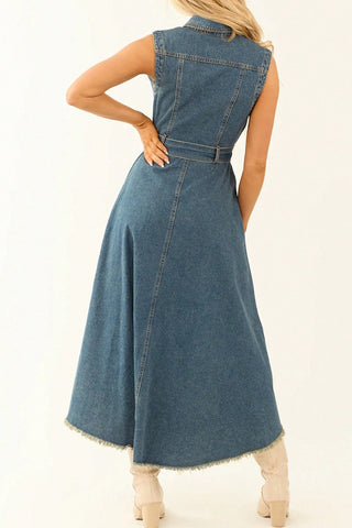 Button-Front Denim Midi Dress