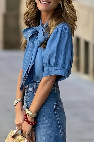 Bow Tie Puff Sleeve Blouse