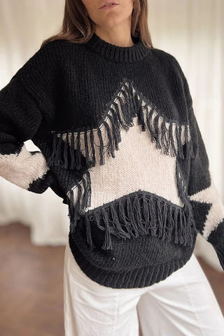 Fringe Colorblock Mock Neck Sweater