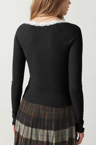 Lace Trim Ribbed Henley Long Sleeve Top