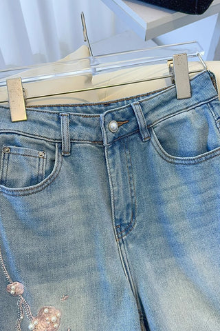 Floral Straight-Leg Denim Jeans