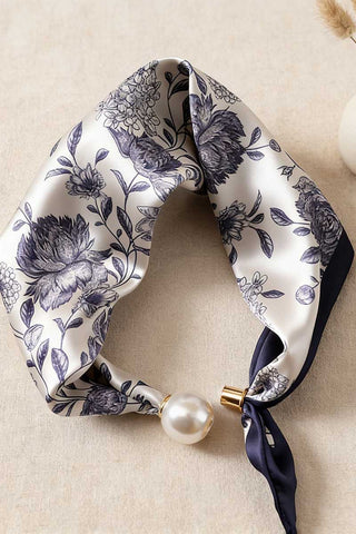 Paisley Print Satin Scarf with Pearl Ring