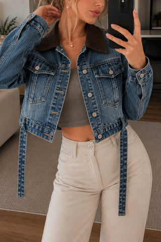 Contrast Collar Crop Denim Jacket
