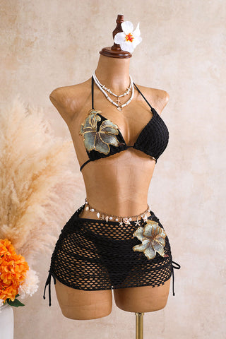 Floral Applique Three-Piece Bikini Set