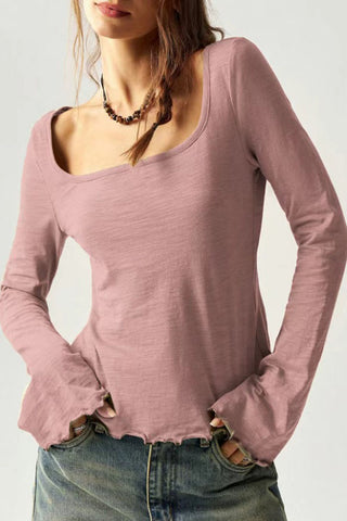 Square Neck Long Sleeve Ruffle Hem Top