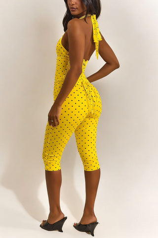 Polka Dot Halter Lace-Up Back Jumpsuit
